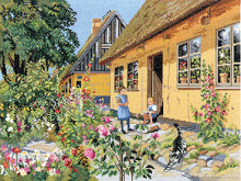 Цветущий деревенский дворик, дети и кот Eva Rosenstand 12-758