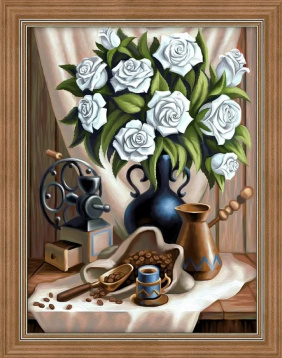 Белые розы и черный кофе Алмазная живопись АЖ.1657, цена 1 518 руб. - интернет-магазин Мадам Брошкина