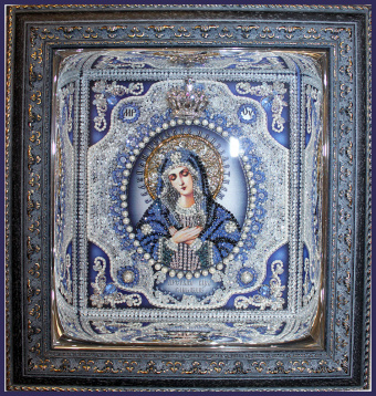 Богородица Умиление (с бусинами под жемчуг) Образа в каменьях 7723, цена 11 769 руб. - интернет-магазин Мадам Брошкина