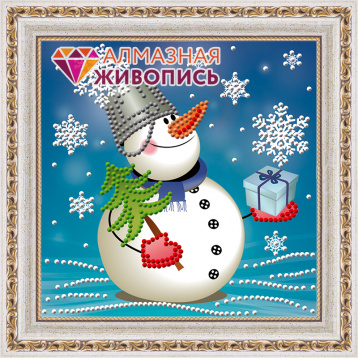 Снеговик с подарком Алмазная живопись АЖ.3010, цена 606 руб. - интернет-магазин Мадам Брошкина