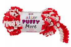 Пряжа Ализе Puffy More цв.6286 белый, красный Alize PUFFY.MORE.6286