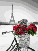 Красные цветы в корзинке на фоне Эйфелевой башни Цветной EX5747
